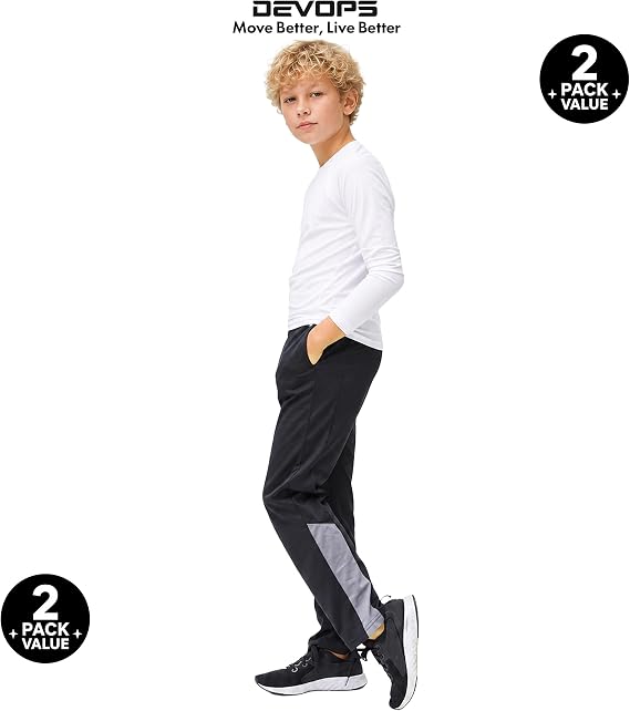 DEVOPS 2 Pack Boys Active Performance Workout Athletic Pants with Pockets | Flexible Elastic Waistband, Athletic Training Fit, Convenient Side Pockets, Smart Value 2-Pack