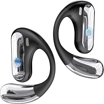 Open Ear Bluetooth 5.4 Earhook Headphones, 40Hrs Sport Earbuds, Stereo Deep Bass Sports Ear Buds Built in Mic, LED Display Charging Case, IPX7 Waterproof Earphones with Earhooks for Running, Black