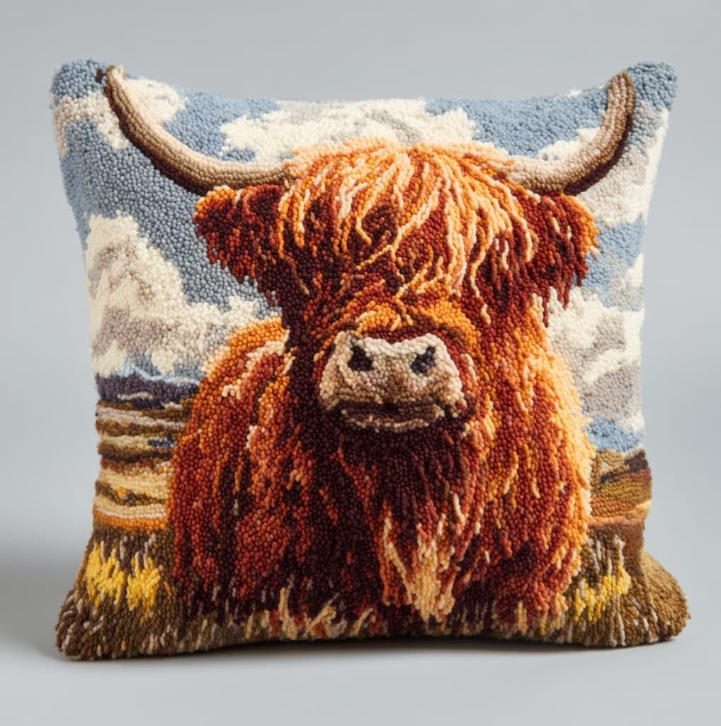 AxiangziK Latch Hook Cushion Kits for Adults,Highland Cattle Color Printed Canvas DIY Throw Pillow Cover,Beginners Handmade Needlework Crafts Home Decoration 17x17inch