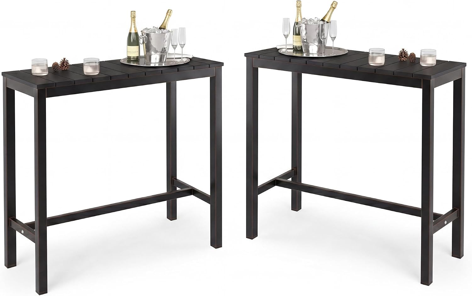 Cozyman Outdoor Bar Table Set of 2, 38" Black Patio Bar Height Counter Table, Weather Resistant, Waterproof HDPS Slatted Top Console Table for Hot Tub, Balcony, Yard, Indoor or Outdoor Use