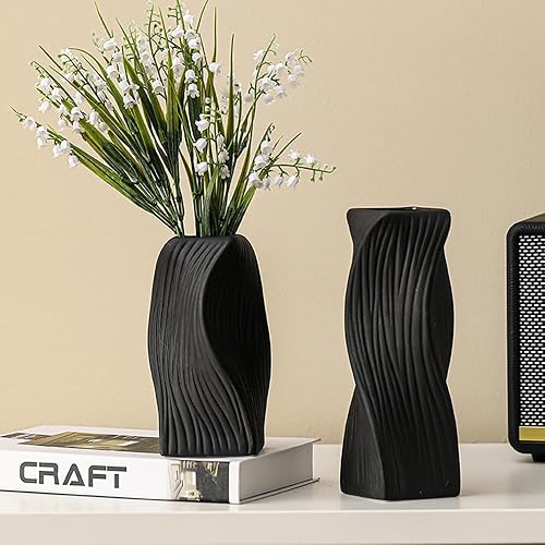 Jarrón negro para hierba de las pampas, juego de 2, jarrón de cerámica texturizado minimalista giratorio, centro de mesa vintage para sala de estar,
