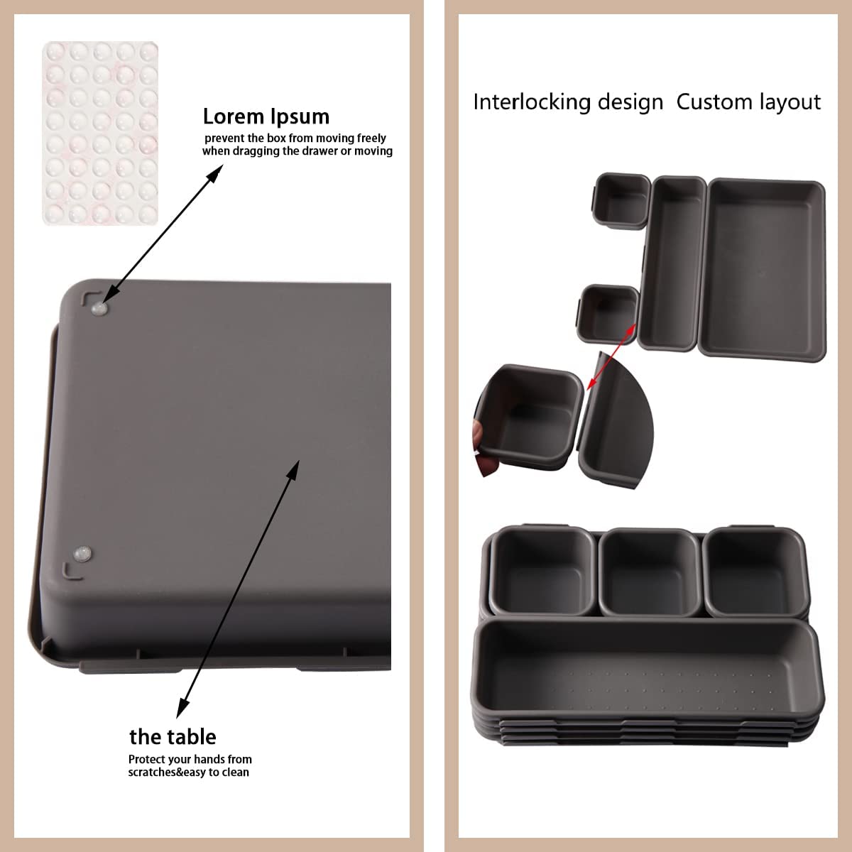 16 Pcs Organisateur Rangement Tiroir Cuisine Organiseur de Rangement Bureau Tiroir Plastique Salle avec 40 Pcs Boule Bntidérapante en Siliconedede Bain Plateaux pour Maquillage, Cuisine(Noir)