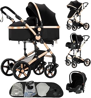 Passeggino 3in1 reversibile convertibile con culla | Cornice triangolare & sospensione a doppia molla | Pieghevole con un clic per neonati e toddlers(Nero&Oro).