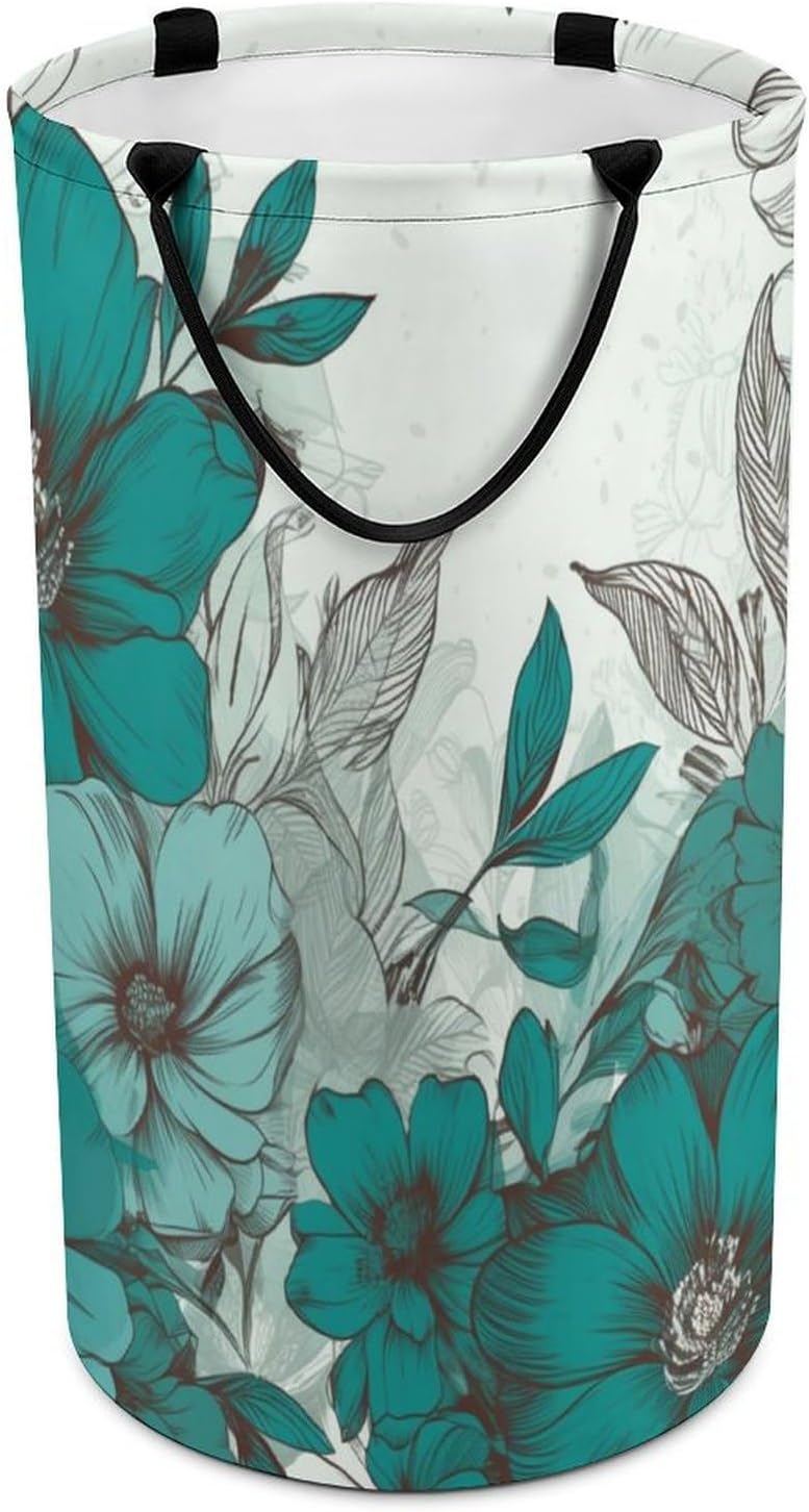 Large Laundry Hamper with Handle Waterproof Laundry Basket Collapsible Dirty Clothes Hamper Teal Floral Laundry Bag for Clothes Toys in Bedroom 15.7x27.2 In