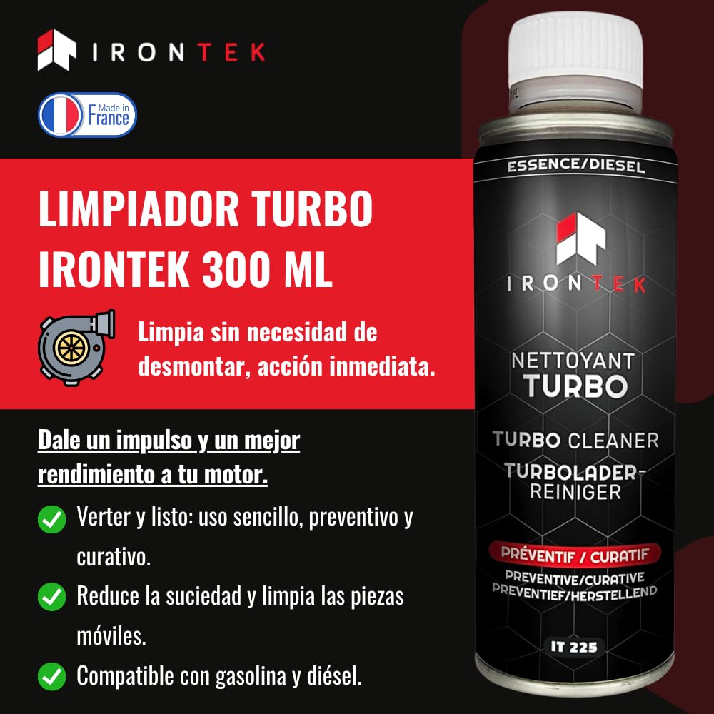 Limpiador Turbo Gasolina y Diesel 300ml - Irontek IT225 | Decalaminiza Turbocompresor sin Desmontaje | Previene Gripaje | Limpia Geometría Variable | Preventivo y Curativo | Compatible Post-Combustión
