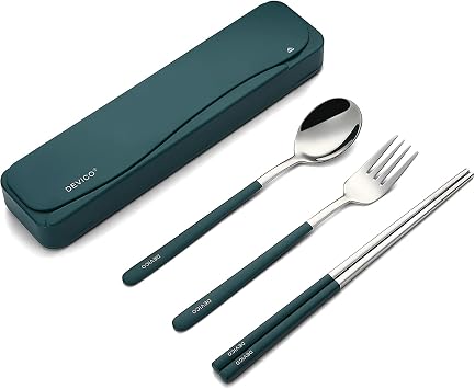 DEVICO Travel Utensils with Case, 4Pcs Portable Silverware Set for Work, 18/8 Stainless Steel Reusable Cutlery, Korean Spoon and Chopsticks Fork for Camping, School, Lunch Box Accessories Dark Green