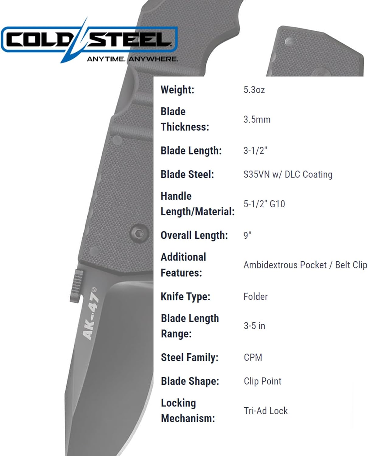 Cold Steel AK-47 3.5" S35VN Razor-Sharp Clip Point Blade 5.5" G-10 Handle Tactical Folding Knife w/Tri-Ad Lock, Ambidextrous Pocket/Belt Clip