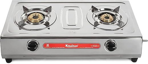 Khaitan 2 Burner VS2 Smart Stainless Steel LP Gas Stove Manual Ignition with Brass Burner (Silver, ISI Approved)