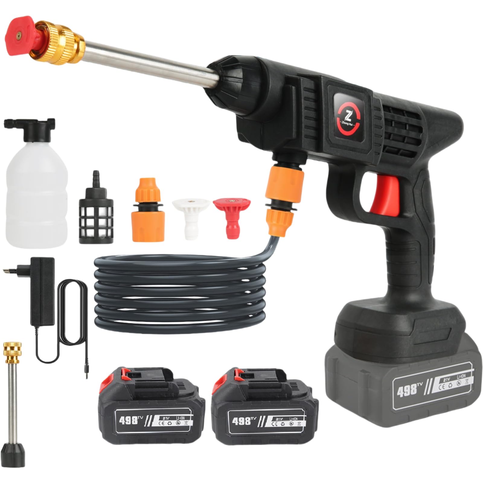 Hidrolimpiadora Bateria, 21V MAX 35Bar Hidrolimpiadora de Alta Presion, Press & Clean Pistola Lavado con Baterías, Jarra de Espuma, Manguera de 5m, de para Coche, Césped (con 2 Batería de 6000 mAh)