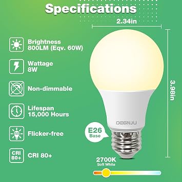 DEGNJU 24 Pack LED Bulbs, A19 60W Equivalent, 800 Lumens, 2700K Soft White, 8 W Non-Dimmable Light Bulbs for Home & Office, 15000hours