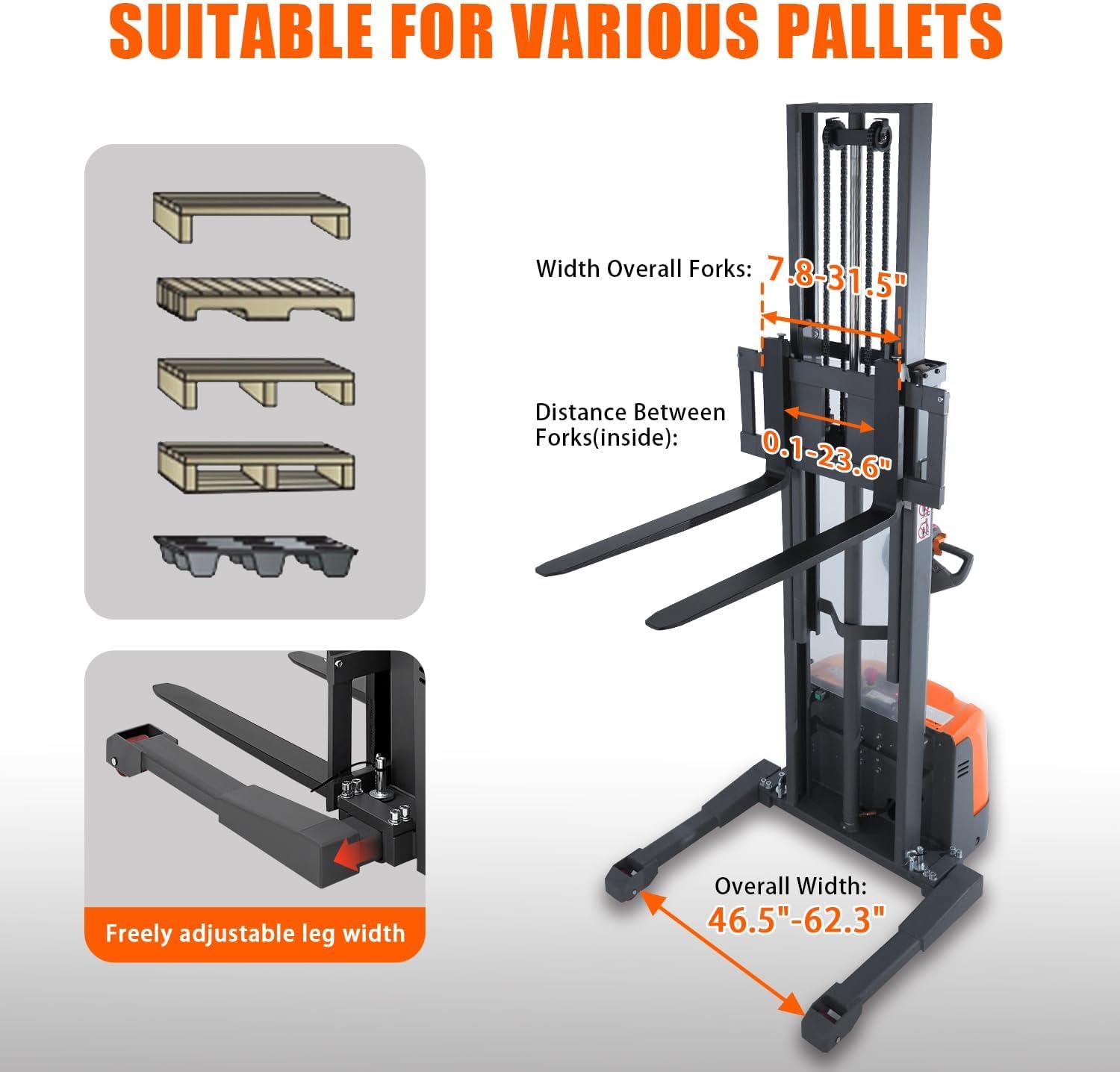 Tory Carrier Full Electric Walkie Stacker Material Lifts with Straddle Legs 98 inches Lifting Height with Adjustable Forks 3300lbs Capacity