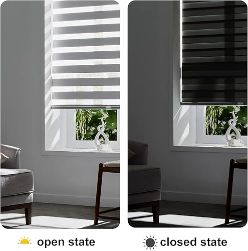 Miniatura 5 de Persilux Persianas estilo cebra sin cordones para ventanas (70 pulgadas de ancho x 47 pulgadas de alto, gris), persianas de doble capa con control