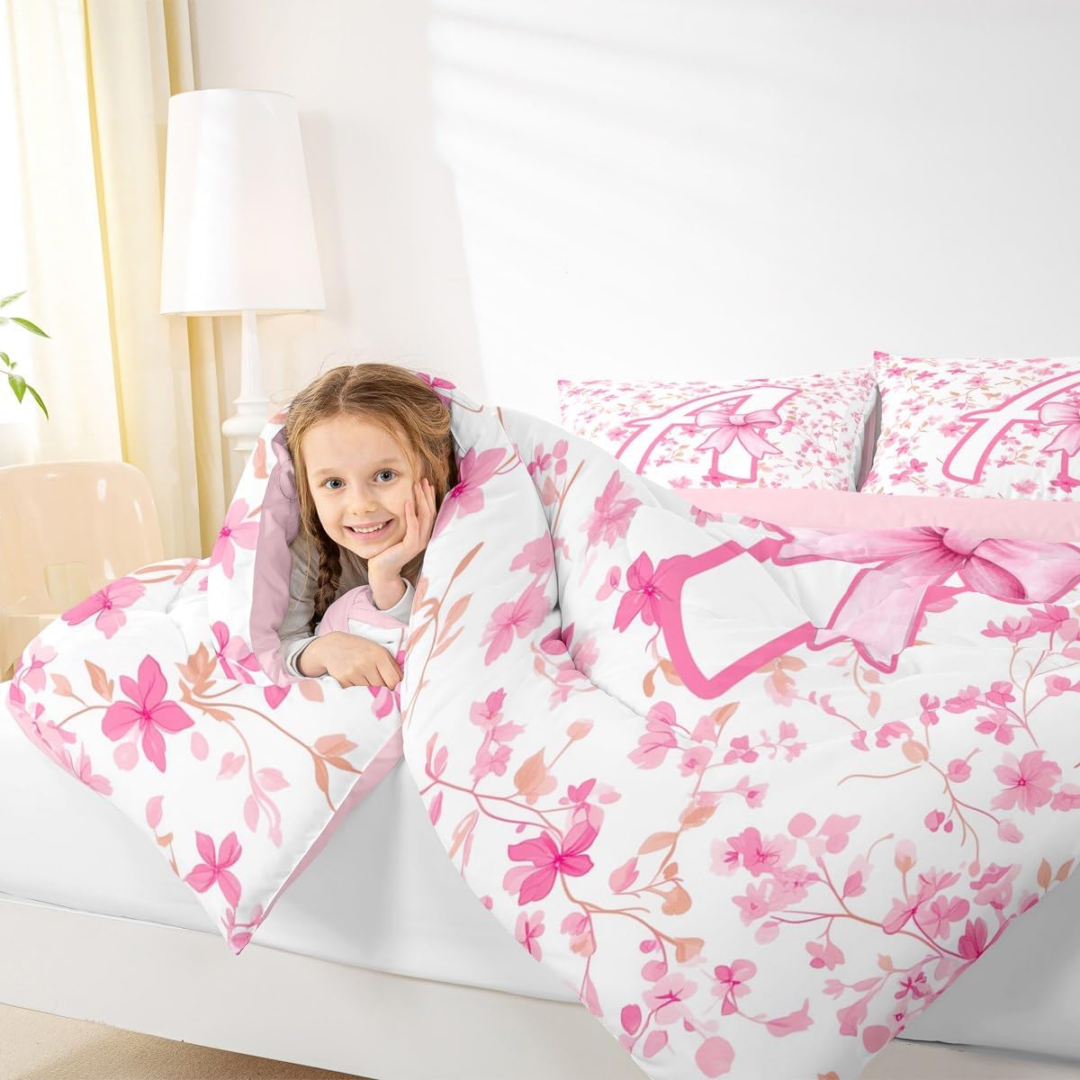 Feelyou Girls Cute Pink Bowknot Comforter Set Coquette Bow Bedding Set Twin Size for Kids Girls Personalized Letter A Room Decor Duvet Quilt - Image 7