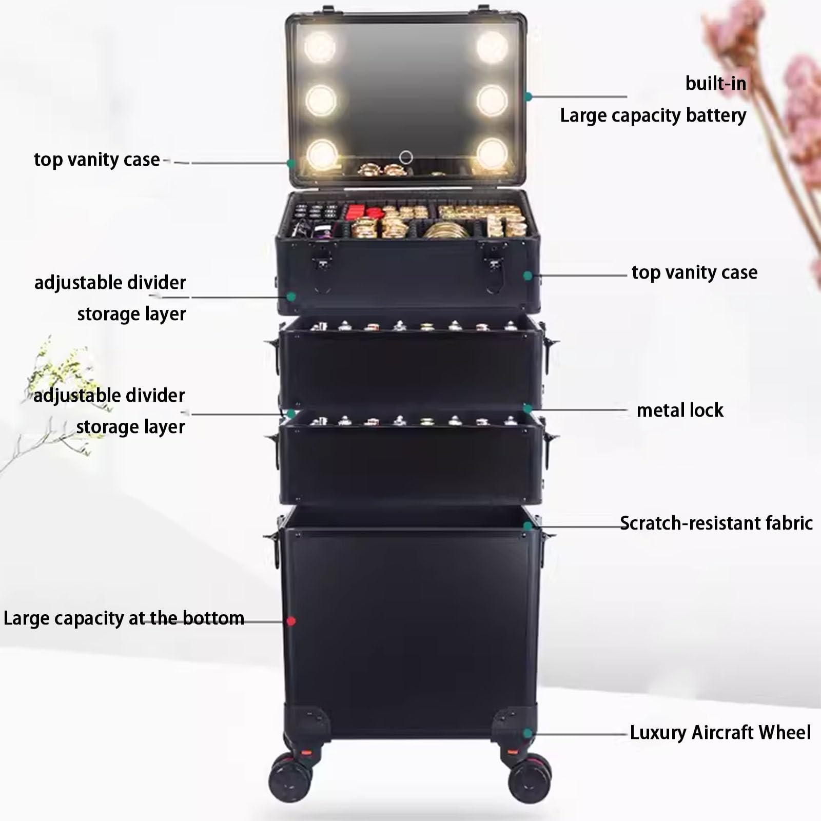 Profesjonalna kosmetyczka na kółkach o dużej pojemności, wózek na kółkach do przechowywania kosmetyków, z regulowaną przegrodą z lusterkiem LED (20 Inches 2 Layers)