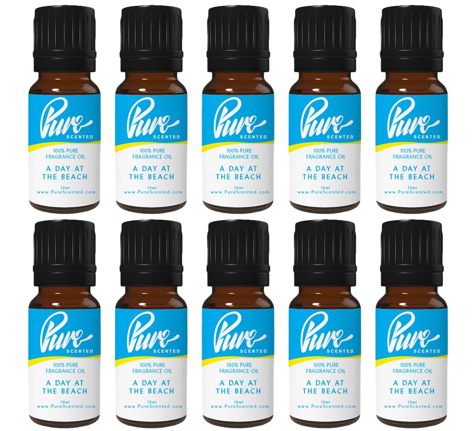 Pure Scented 100ml Fragrance Oils - 10 x 10ml Suitable for Candles, Soaps, Slime, Diffusers, Cosmetics, Wax Melts, Designer (10 x 10ml, A Day at The Beach)