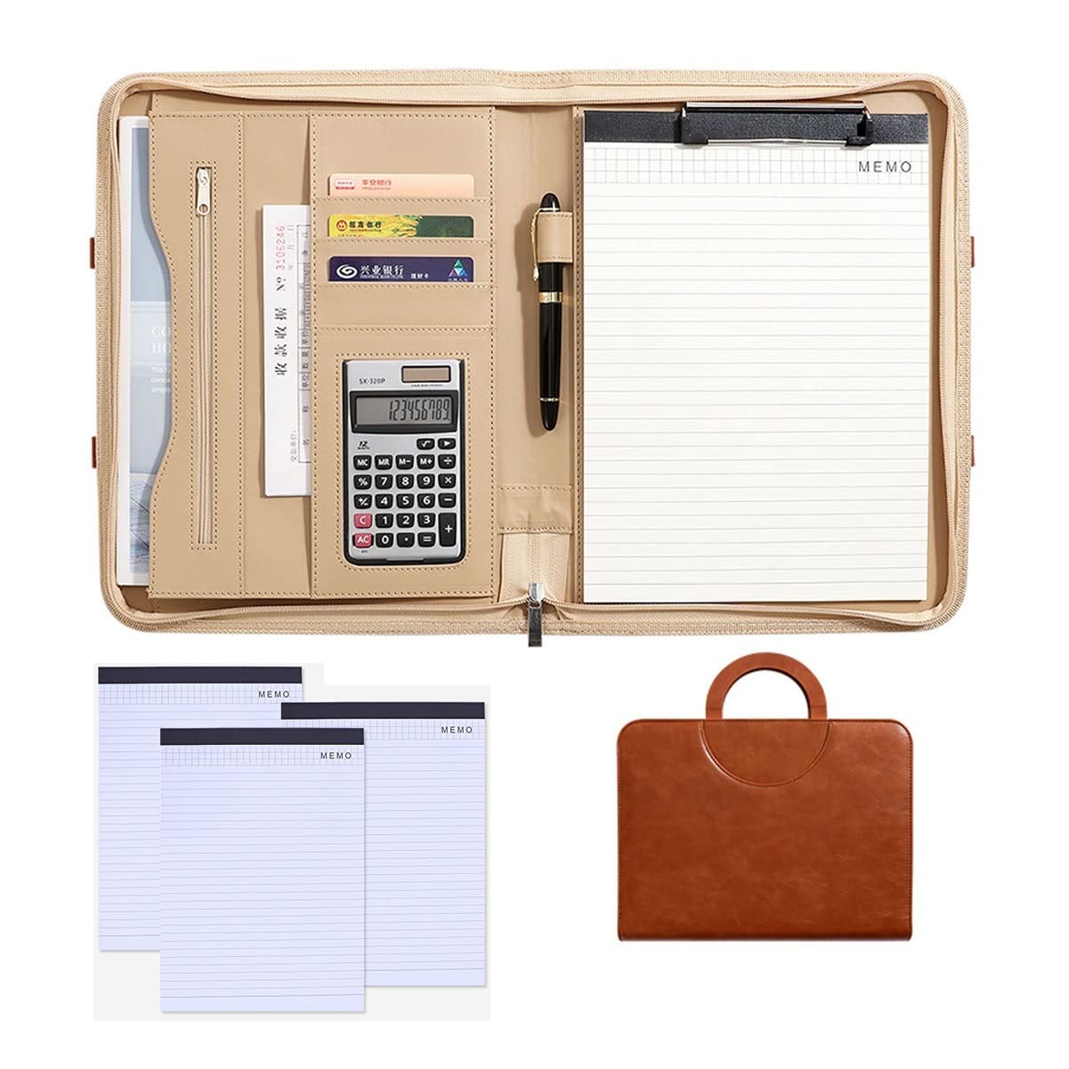 Porte Documents A4 Portfolio Avec Fermeture Éclair Professionnelle Dossier De Conférence En Cuir PU Pour Hommes Femmes Bloc Notes Rechargeable 25 Feuilles Lot De 4 ( Color : Brown , Size : 12-digit ca
