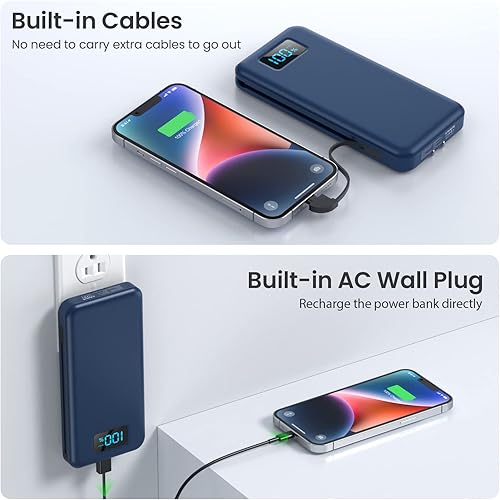 Miniatura 5 de AONIMI Cargador portátil con cables integrados y enchufe de pared de CA, cargador de batería ultra delgado de 13800 mAh USB-C, 4 salidas, 2