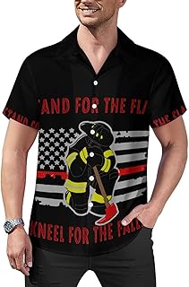 US Fireman Red Line Flag Mens Shirts Hawaiian Short Sleeved Cuban Collar Graphic Tees Tops