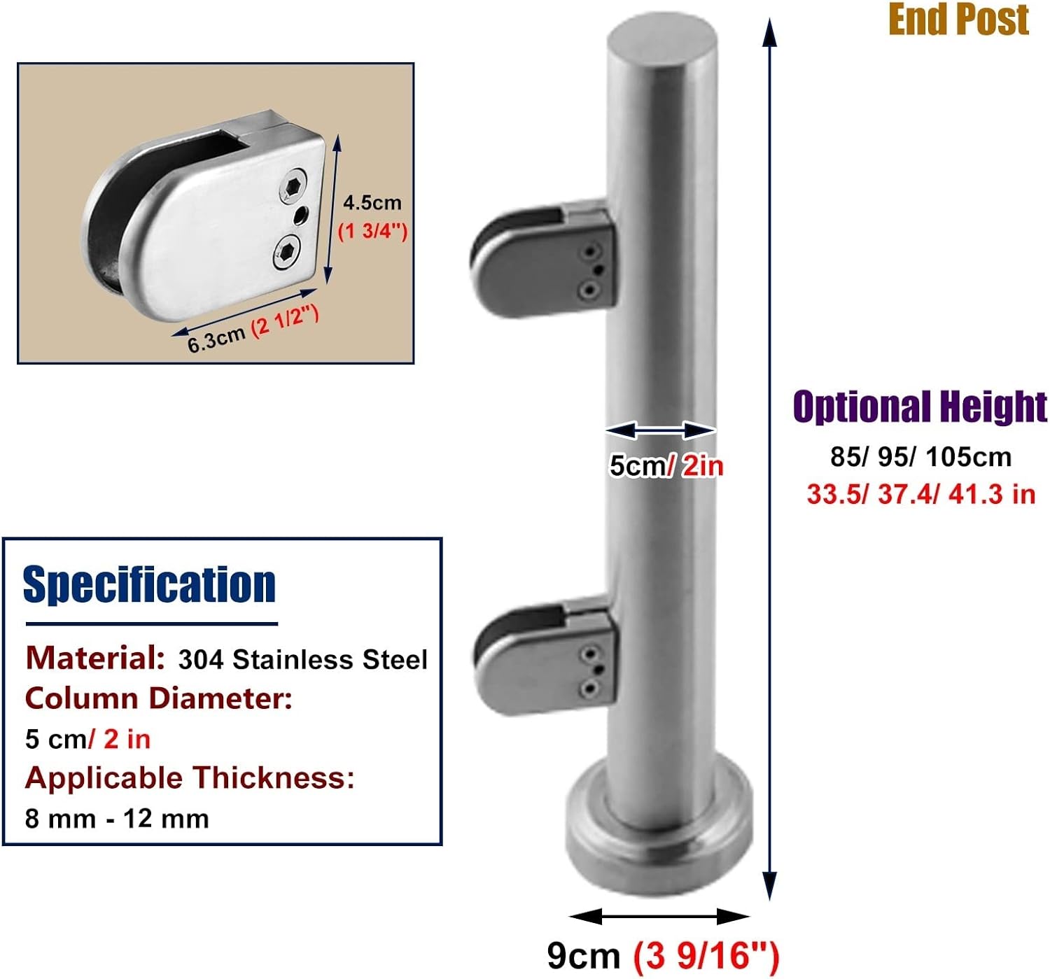 Balustrade Posts Durable Glass Railing Post Silver Brushed, Windproof Waterproof Round Glass Balustrade Railing Post, Handrail Kit for Stairs Deck Balcony (Color : Silver End Post, Size : H-70cm/27.
