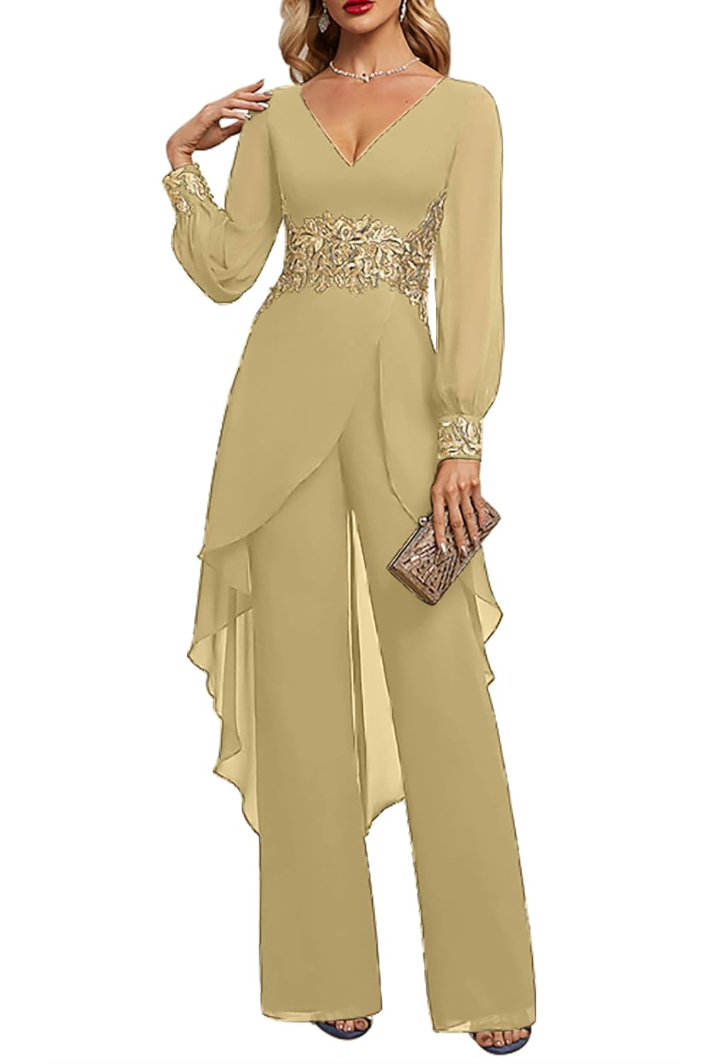 2 Pieces Mother of The Bride Pant Suits with Appliques Lace Long Sleeve Chiffon Formal Pant Suits for