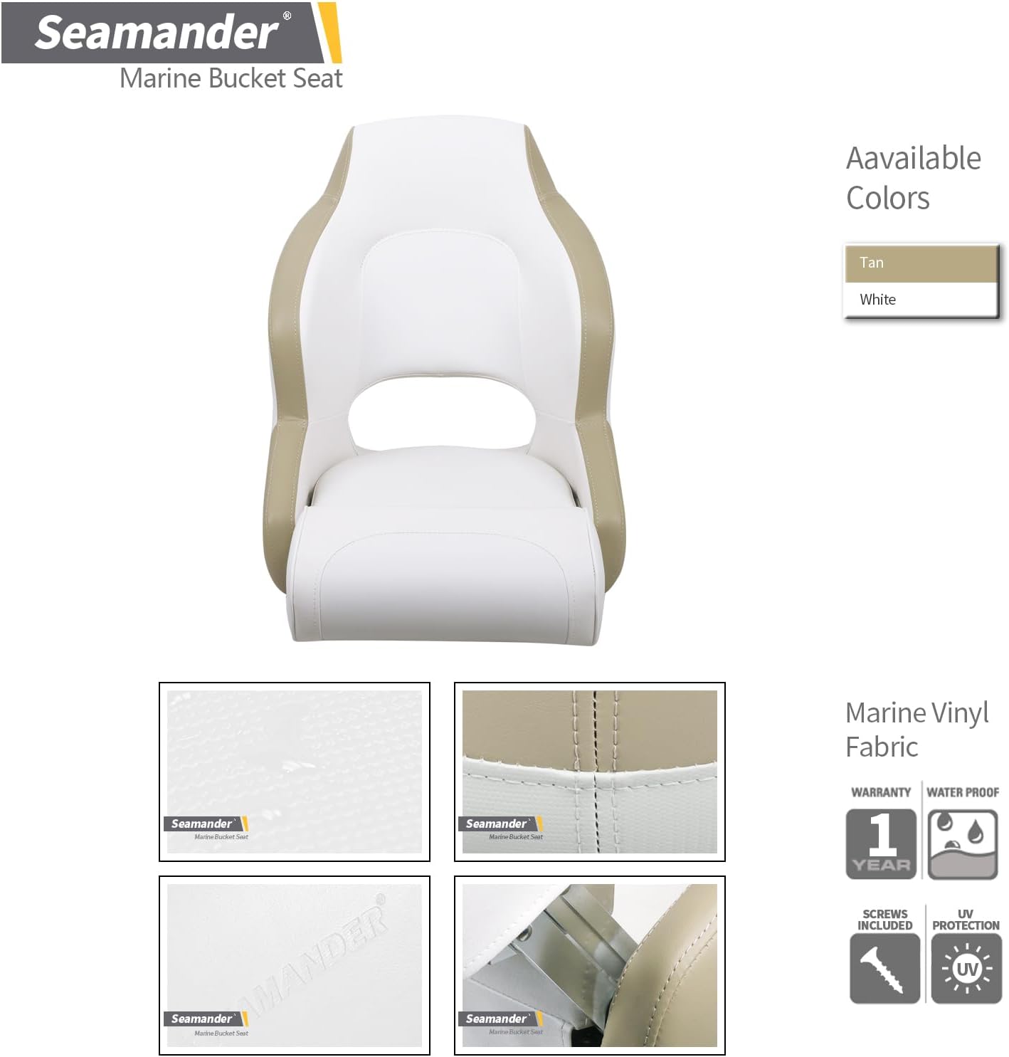 Seamander Premier Series Captain Bucket Seat with Flip Up Bolster, Boat Seat Suitable For Fishing and Pontoon boats