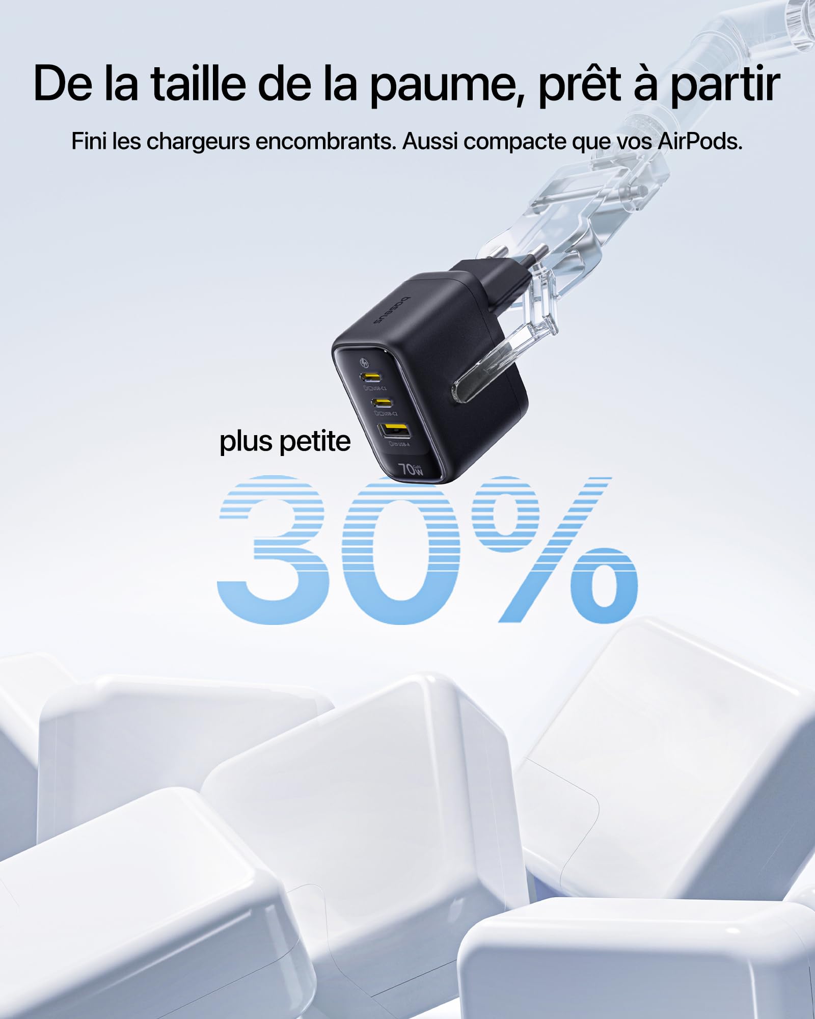 Baseus Enerfill Lot de 2 chargeurs USB C 70 W GaN6 à 3 Ports - Bloc d'alimentation Compact pour MacBook Air, iPhone 17/16/15 Pro Max, iPad Pro, Galaxy S25/S24, Pixel, Ordinateur Portable et Plus