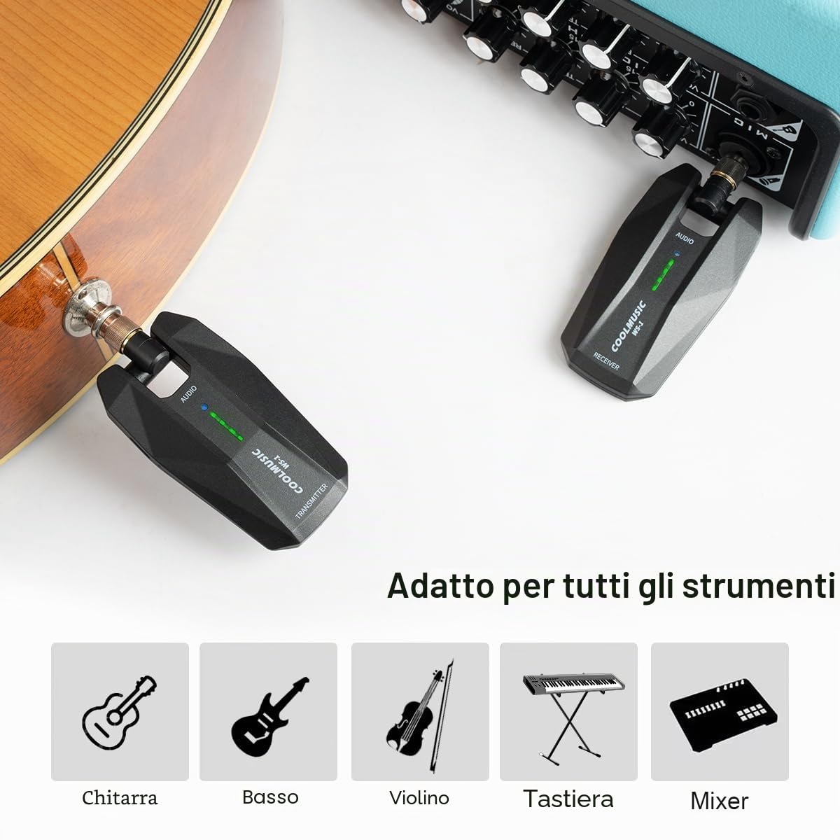 Coolmusic WS1 Sistema per chitarra stereo wireless da 5,8 GHz con prese per strumenti da 1/4" e 1/8", ricaricabile, per chitarra, tastiera, basso