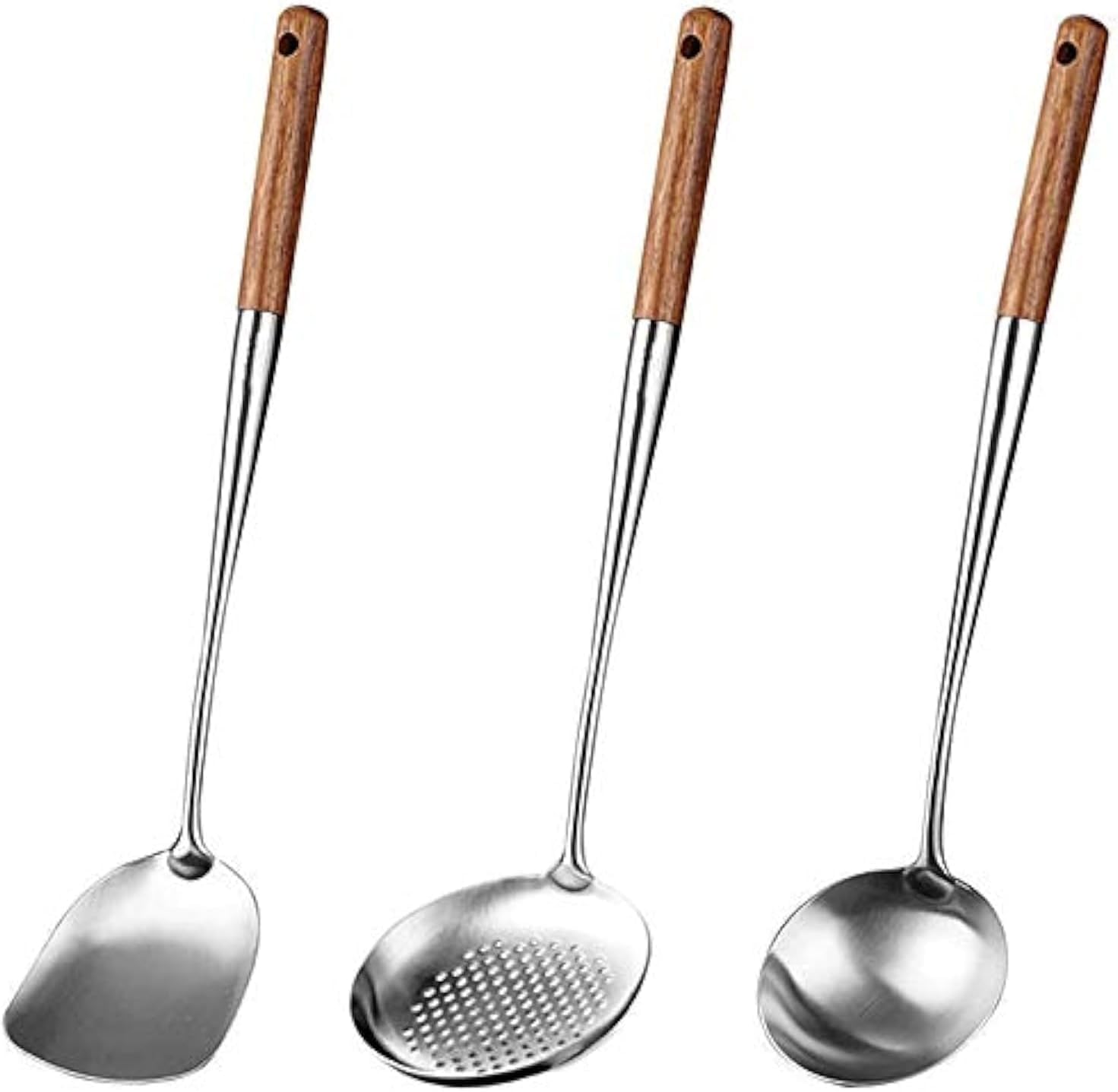 Bopfimer Wok Spatula and Ladle Set, Stainless Steel Wok Utensils with Skimmer Spoon,17in Chinese Cooking Tool Set with Wooden Handle for Wok, Kitchen, Stir Fry