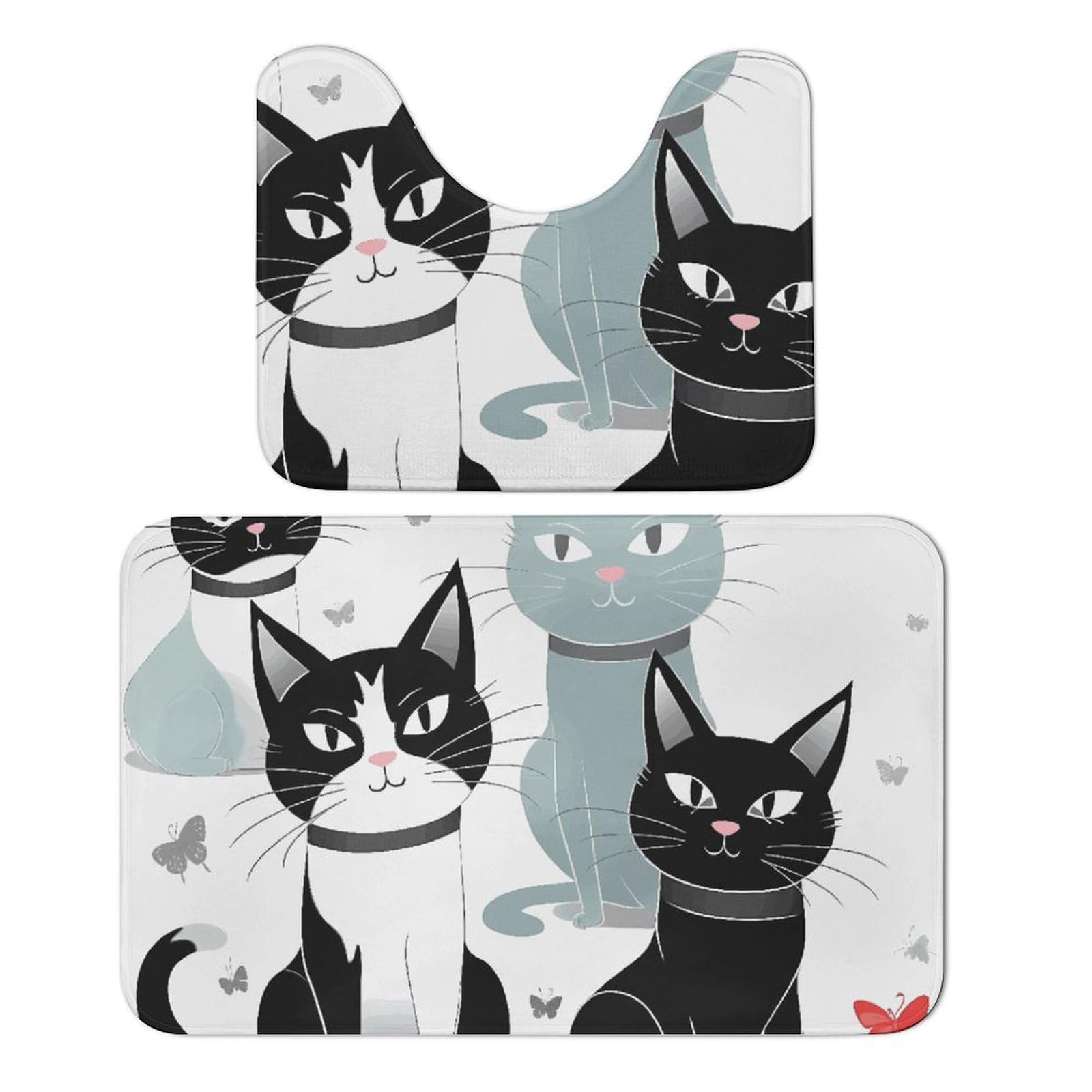 Tapis de salle de bain antidérapants à motif chats noirs et blancs en U