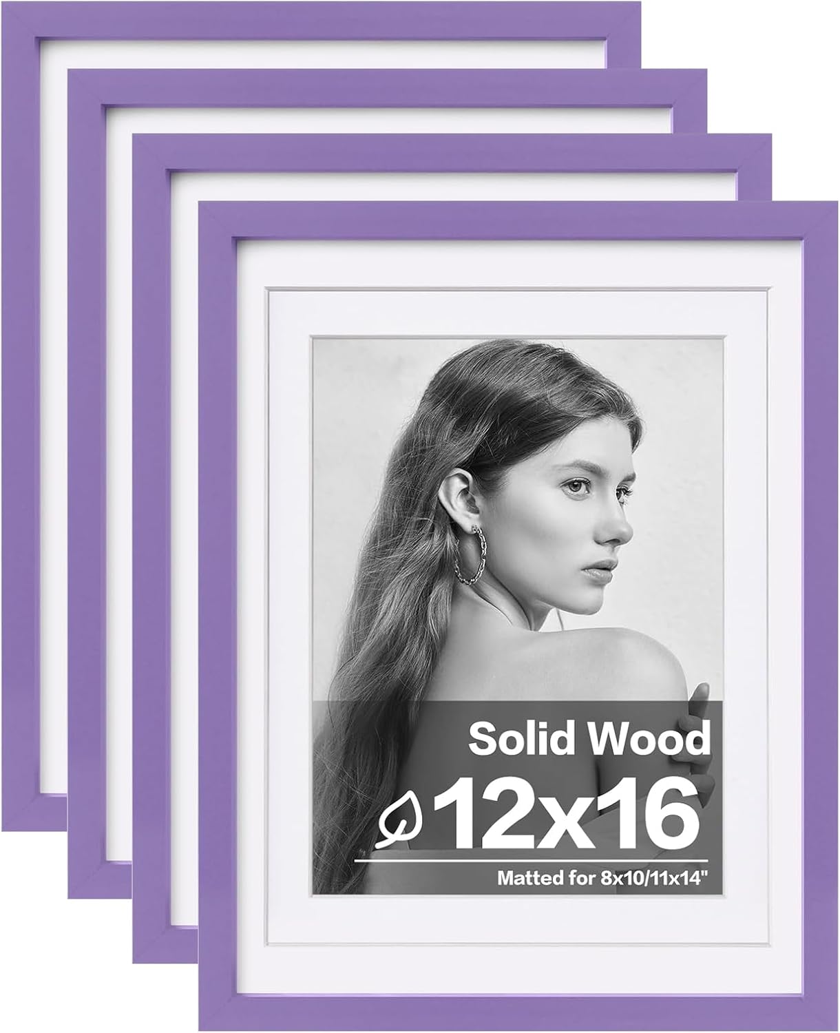 Egofine 12x16 Picture Frames 4PCS Covered by Plexiglass, Made of Solid Wood, Display Pictures 9x12/11x14 with Mat or 12x16 Without Mat for Wall Mounting, Purple