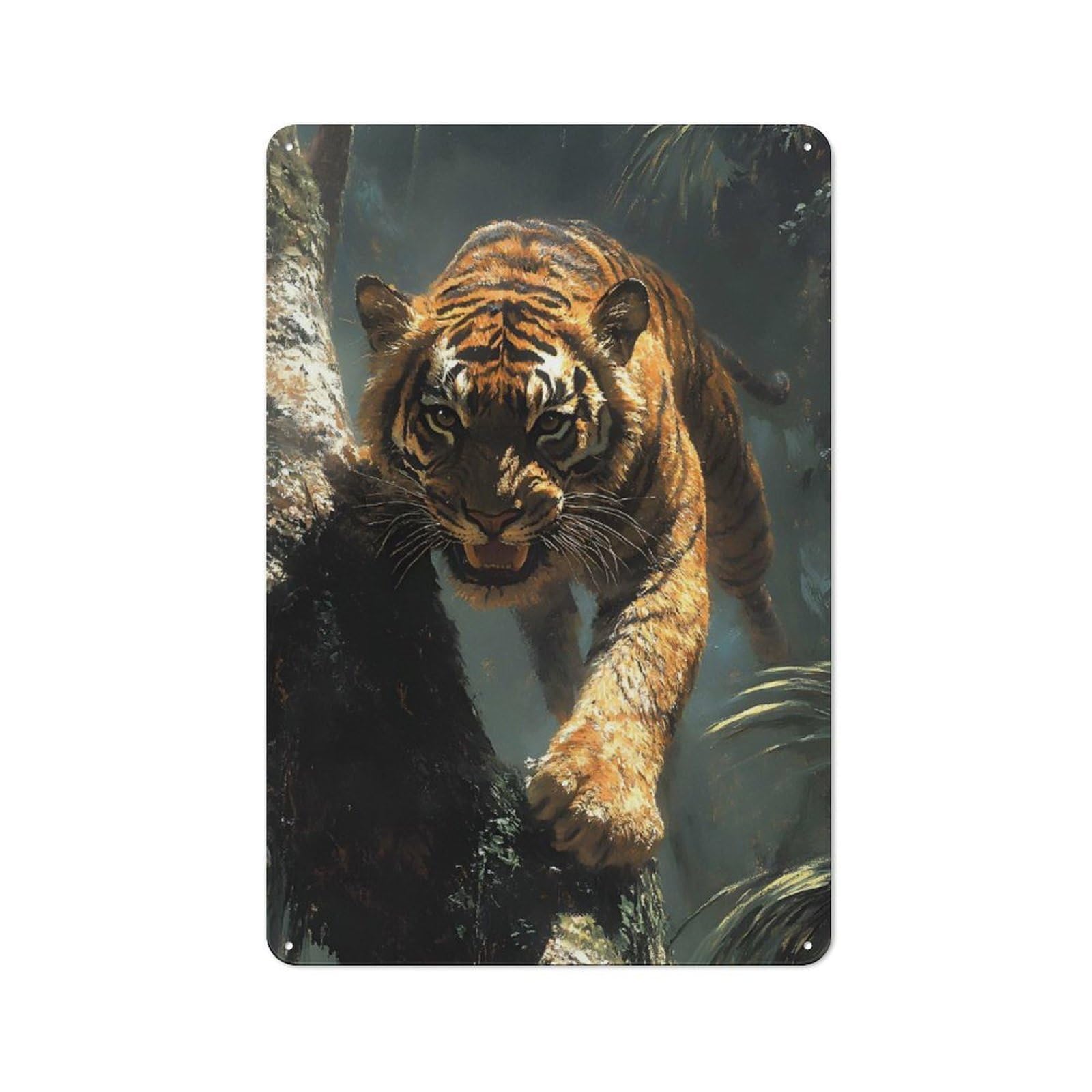 Junmoney Style-15 Loft Style Metal Wall Art Sign 30X20cm Featuring Tiger Climbing A Tree, Urban Room Decor For Loft, Studio, Office Or Creative Room