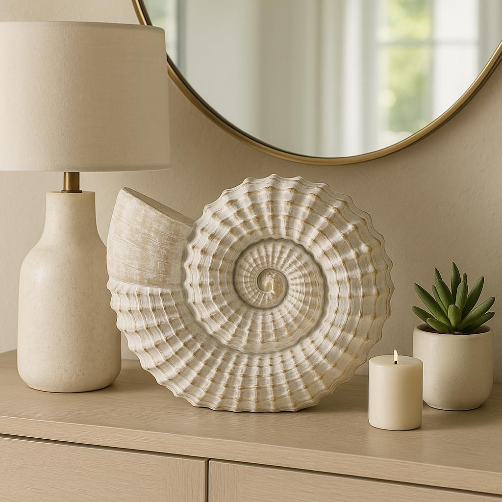 Decorative Woven Seashell Sculpture Statue - Home Decor Ornament for Bathroom, Office, Room, and Living Room Decor - Perfect Decorations for Shelf and Coffee Table Decor Accent - 11", White