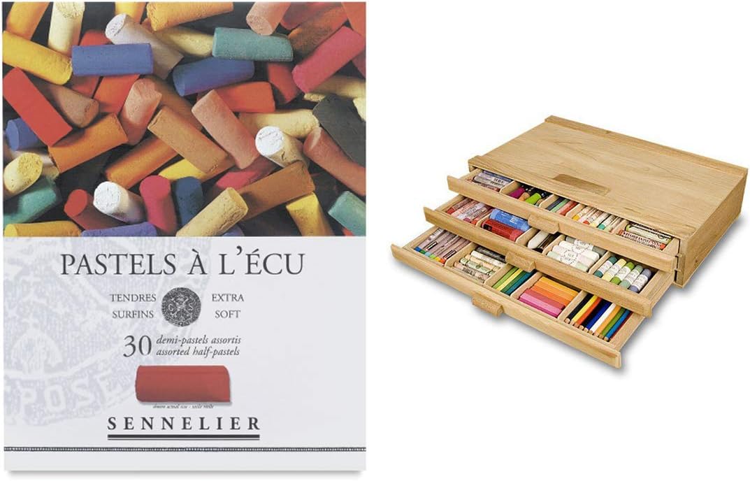 Sennelier Artist Pastel Set - Extra Soft Half Stick Pastels with High Vibrancy & Brightness w/ 3 Drawer Wood Storage Box - Assorted Colors - Set of 30