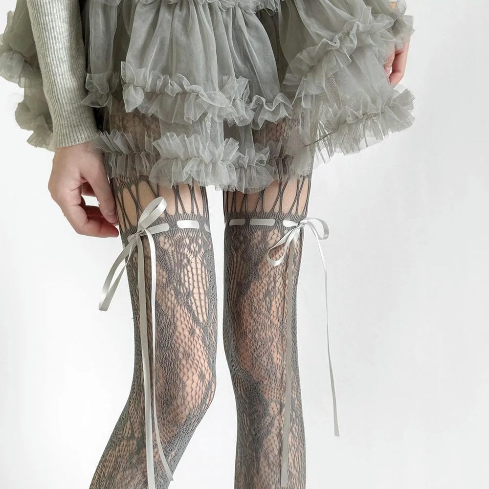 MEIFULLE 1PC Beige Tights Women Sexy See Through Mesh Lolita Fishnet Stockings JK Uniform Bow Tie Strap Lace Bottoming Pantyhose