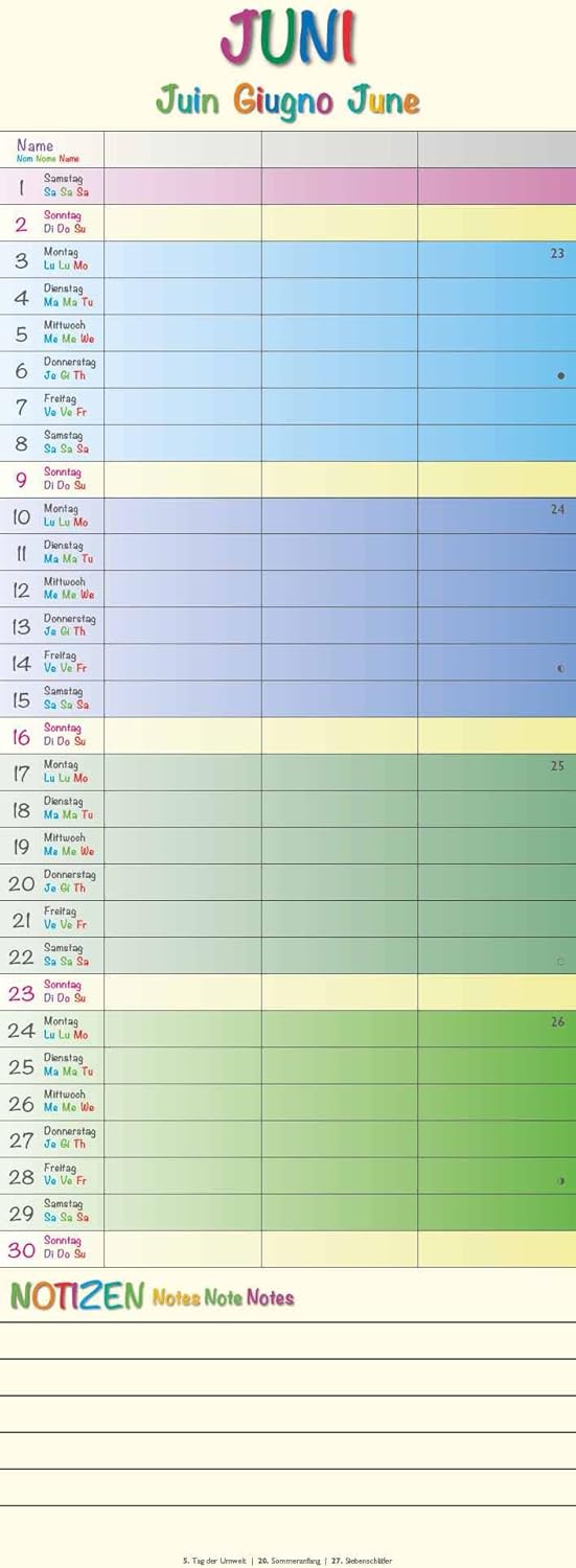 Rainbow 2024 - Slim Notes - Striped Calendar - 15 x 42: Colourful Family Planner