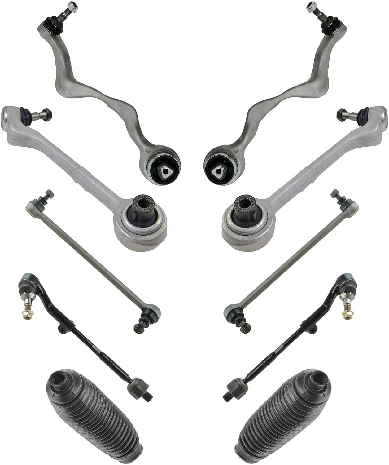 TRQ Front Steering & Suspension Kit Control Arm with Ball Joint Steering Rack & Pinion Bellow Sway Bar Stabilizer Link Tie Rod Assembly Compatible with BMW