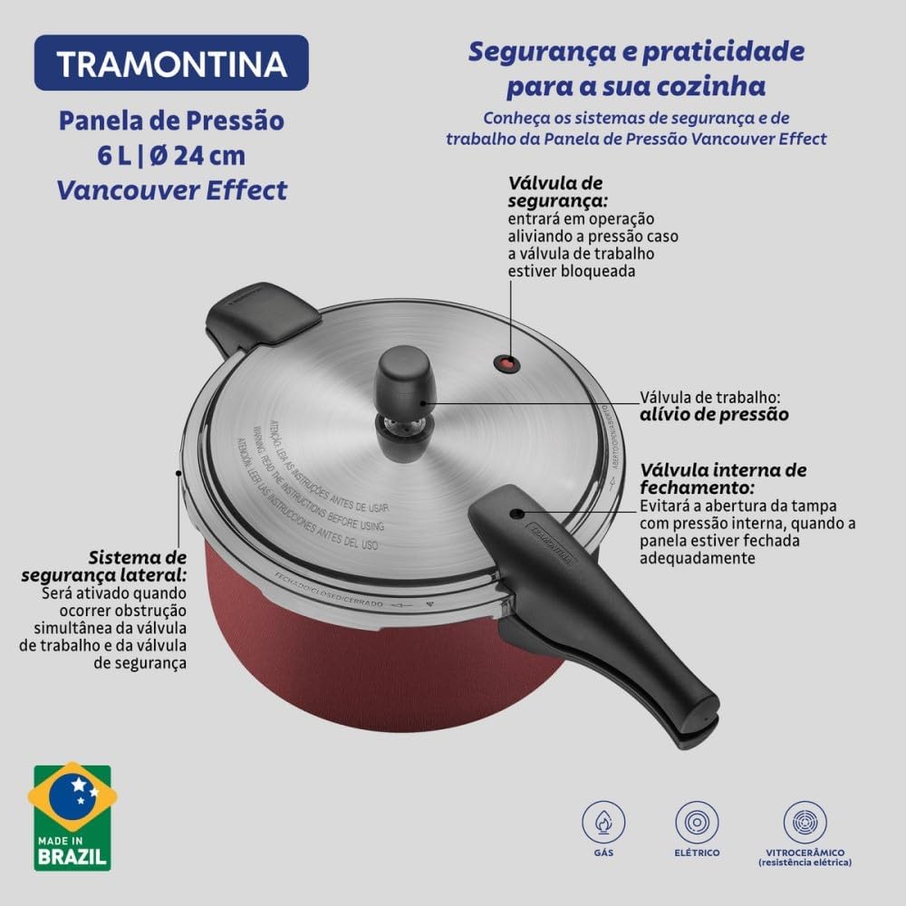Panela de Pressão Tramontina Vancouver Effrect em Alumínio com Revestimento Interno e Externo em Antiaderente Starflon Max Vermelho 24 cm 6 L Panela de Pressão Tramontina Vancouver Effrect em Alumínio com Revestimento Interno e Externo em Antiaderente Starflon Max Vermelho 24 cm 6 L