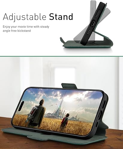 Miniatura 24 de OCASE Funda tipo cartera para iPhone 15 Pro Max, funda delgada de piel sintética, ranuras para tarjetas, bloqueo RFID, soporte, funda de teléfono a