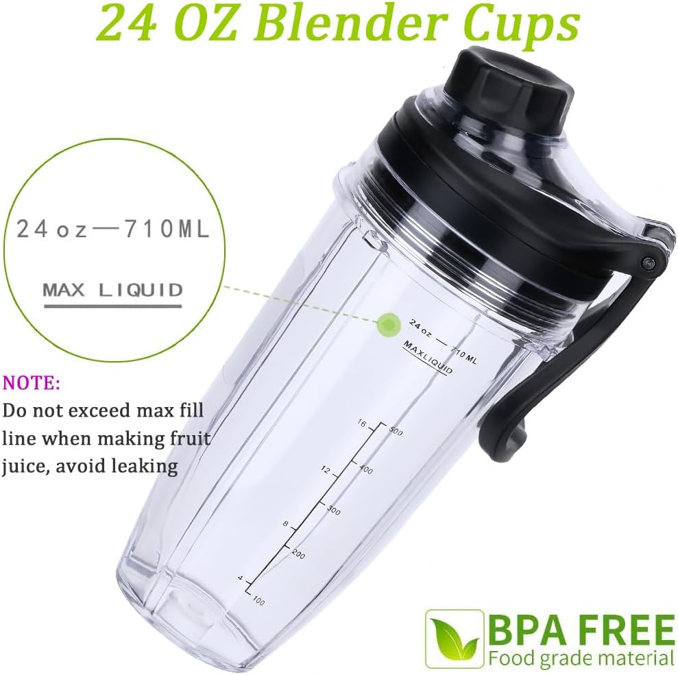 Replacement 24oz Blender Cup and New Lid with Handle for Nutri Ninja BN401 BN751 BN801 Foodi SS101 SS151 SS351 SS401 BL450 BL456 BL480 BL482 BL640 BL642 BL682 Ninja Blender Auto IQ Blade, 2-Pack