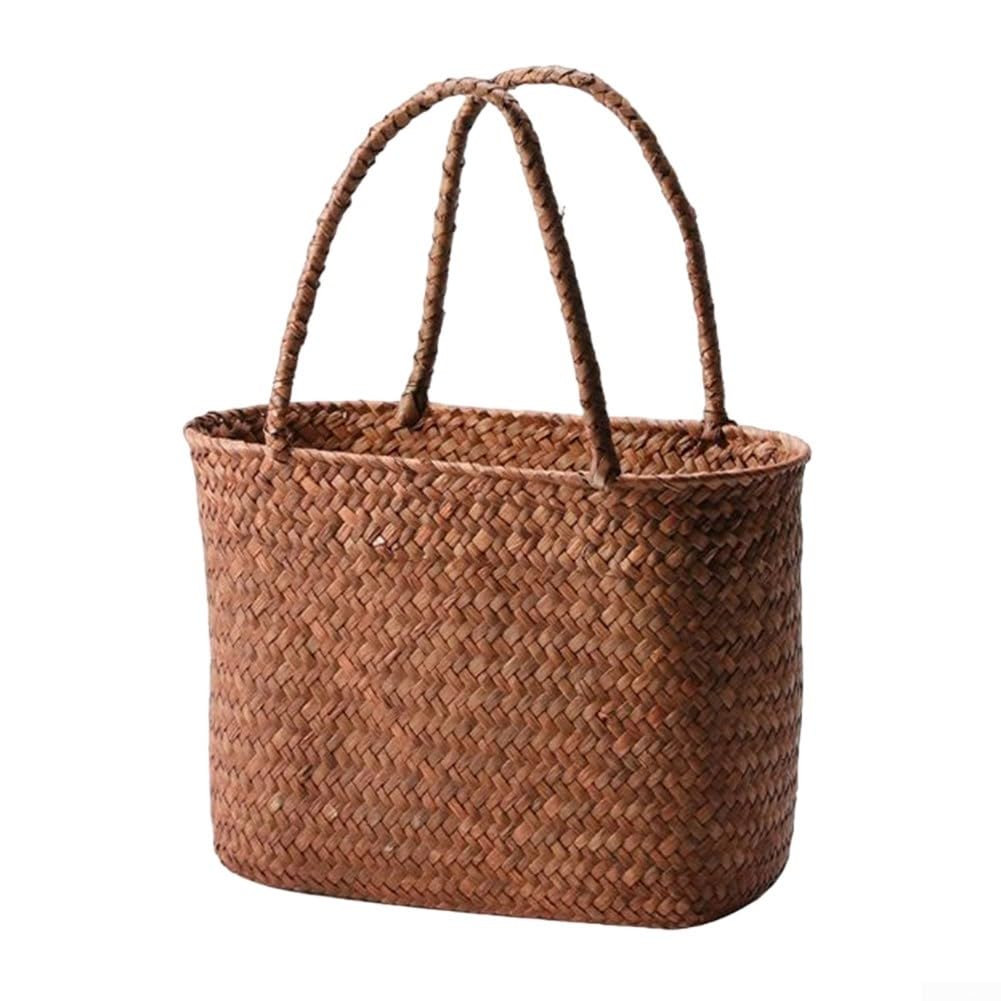 Panier de pique-nique tissé fabriqué à la main avec poignée, boîte de rangement spacieuse en paille pour le camping, les excursions à la plage et l'organisation de la maison (marron)