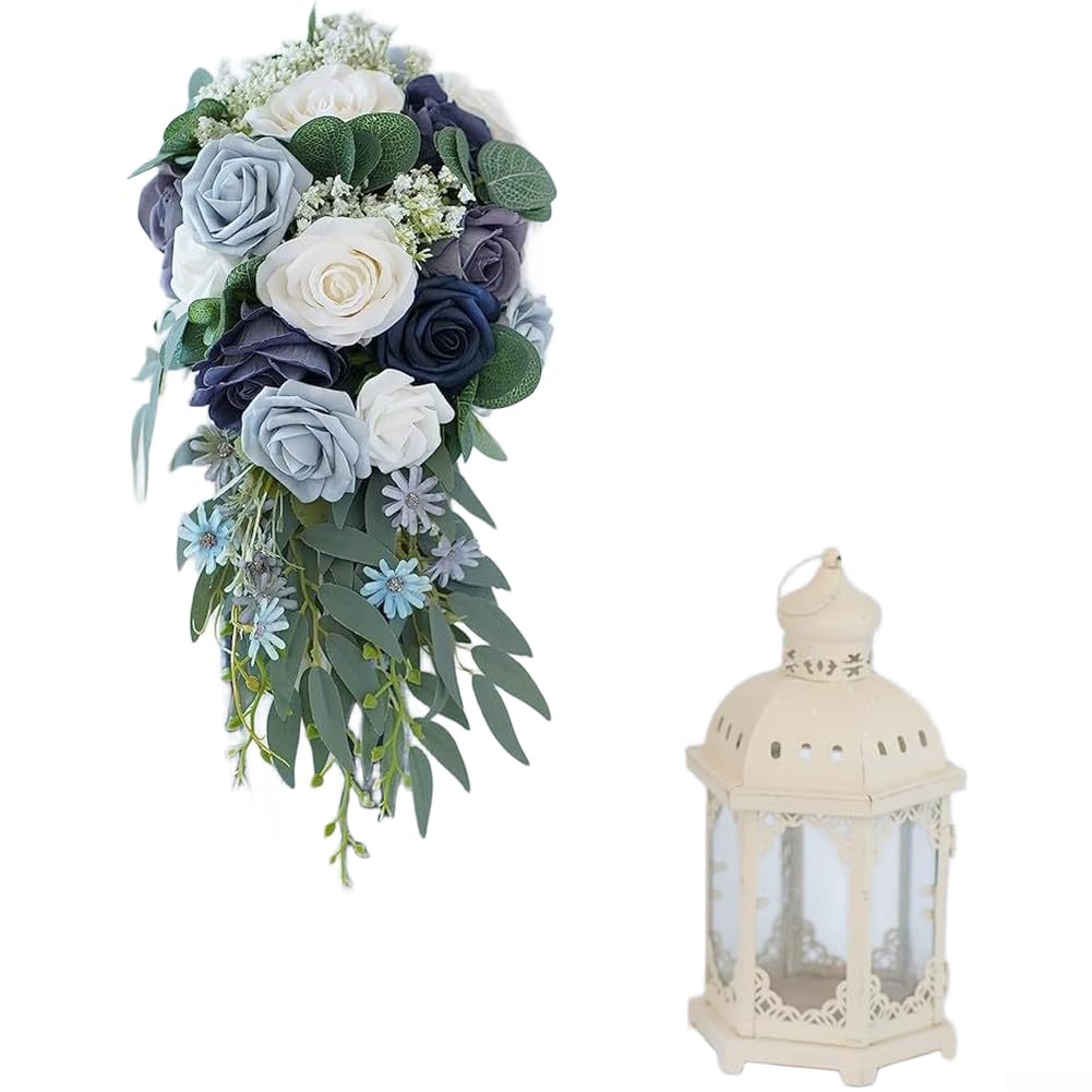 Bouquet di rose artificiali a cascata, 50 cm, in seta, per spose (blu)