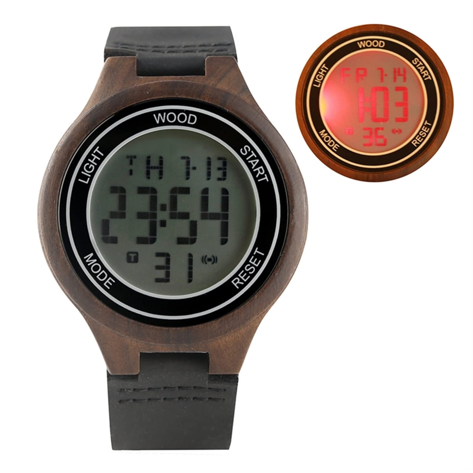 Visione notturna PORTATO Orologi digitali orologio da uomo in legno naturale uomo orologio da polso elettronico in pelle di legno fatti a mano Uomo Orologi da polso