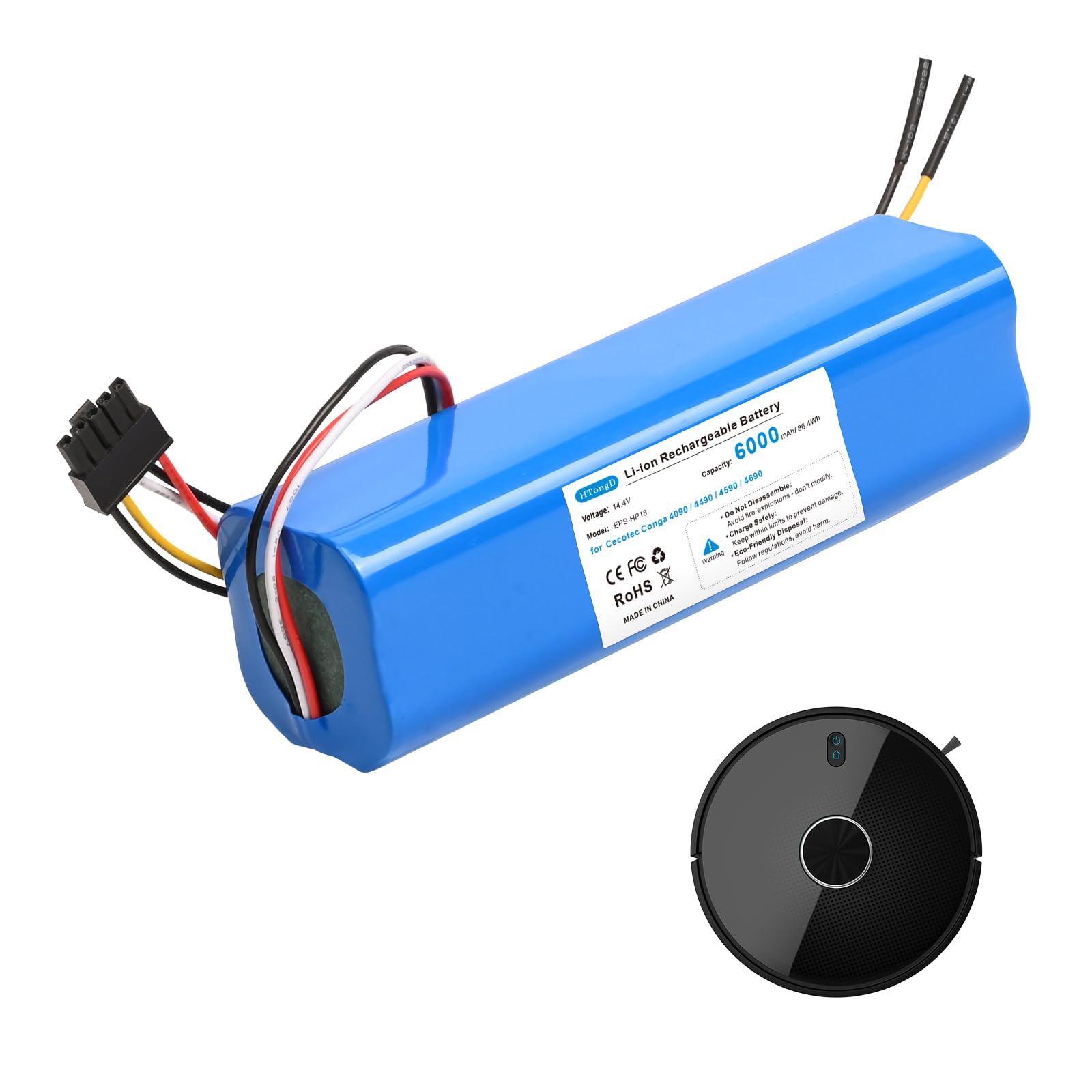 6000mAh Batería para Conga 4090: HTongD 14.4v Li-Ion Batería de Repuesto Compatible con Conga 4490 4590 4690 Robot-Aspirador