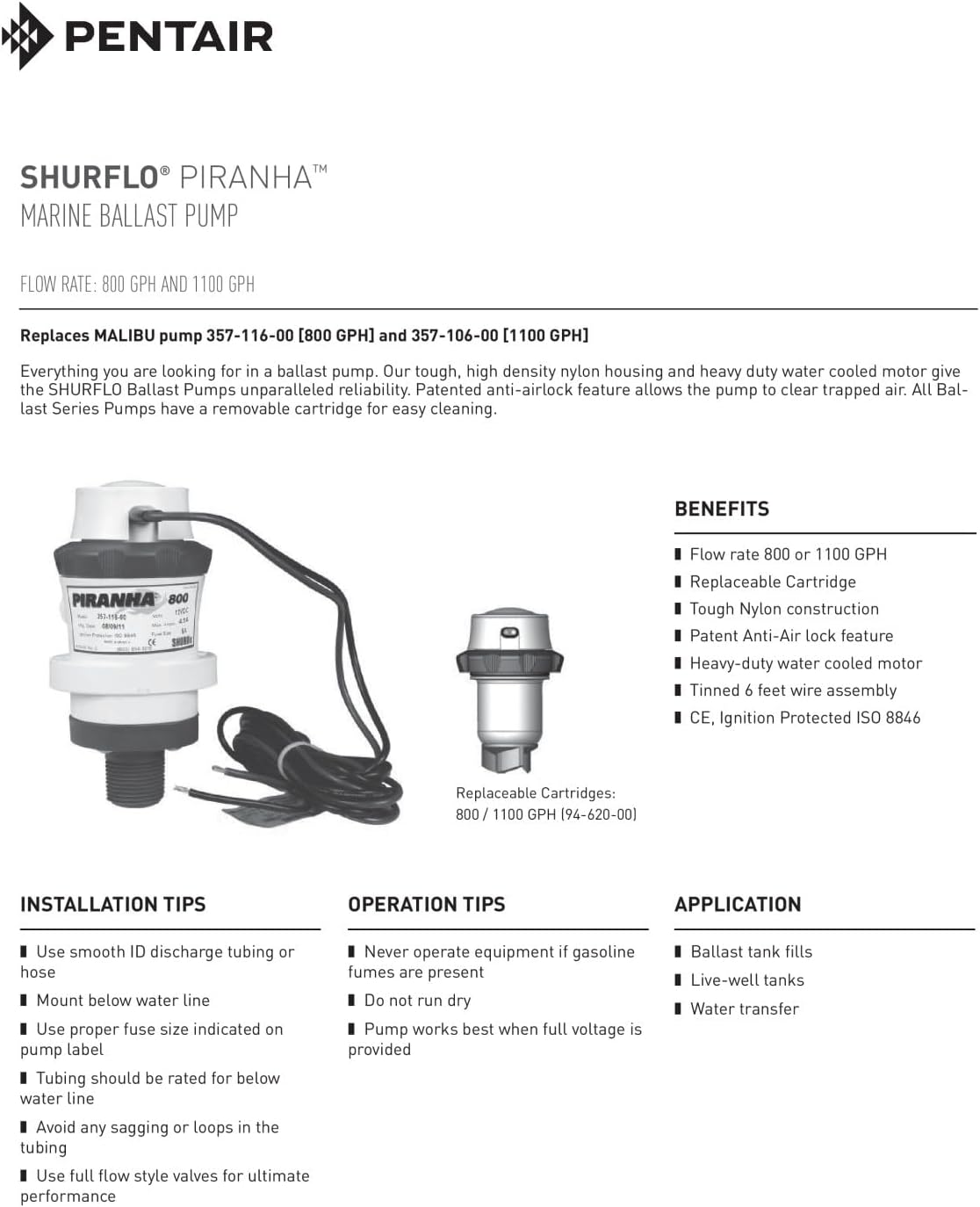PENTAIR SHURFLO 357-106-10 Piranha Ballast Pump, 1100 GPH Submersible, Heavy Duty Motor, High Density Nylon Housing, Anti Airlock Removable Cartridge, Tinned 6 ft Wire, Ignition Protected ISO 8846
