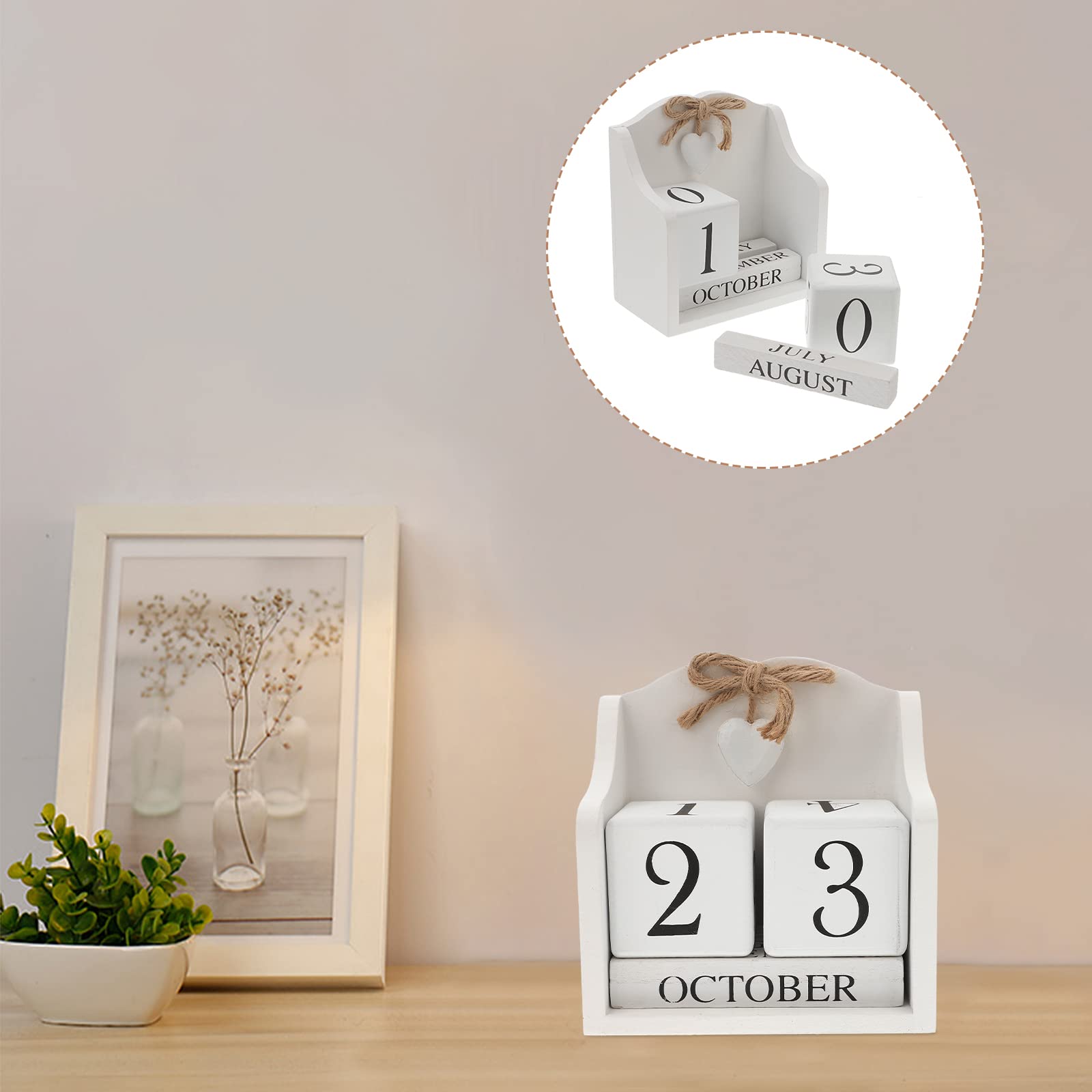 Healifty Calendario in legno da scrivania, calendario perpetuo, calendario mensile, cubo di legno, calendario da tavolo, planner fotografico, puntelli (bianco)