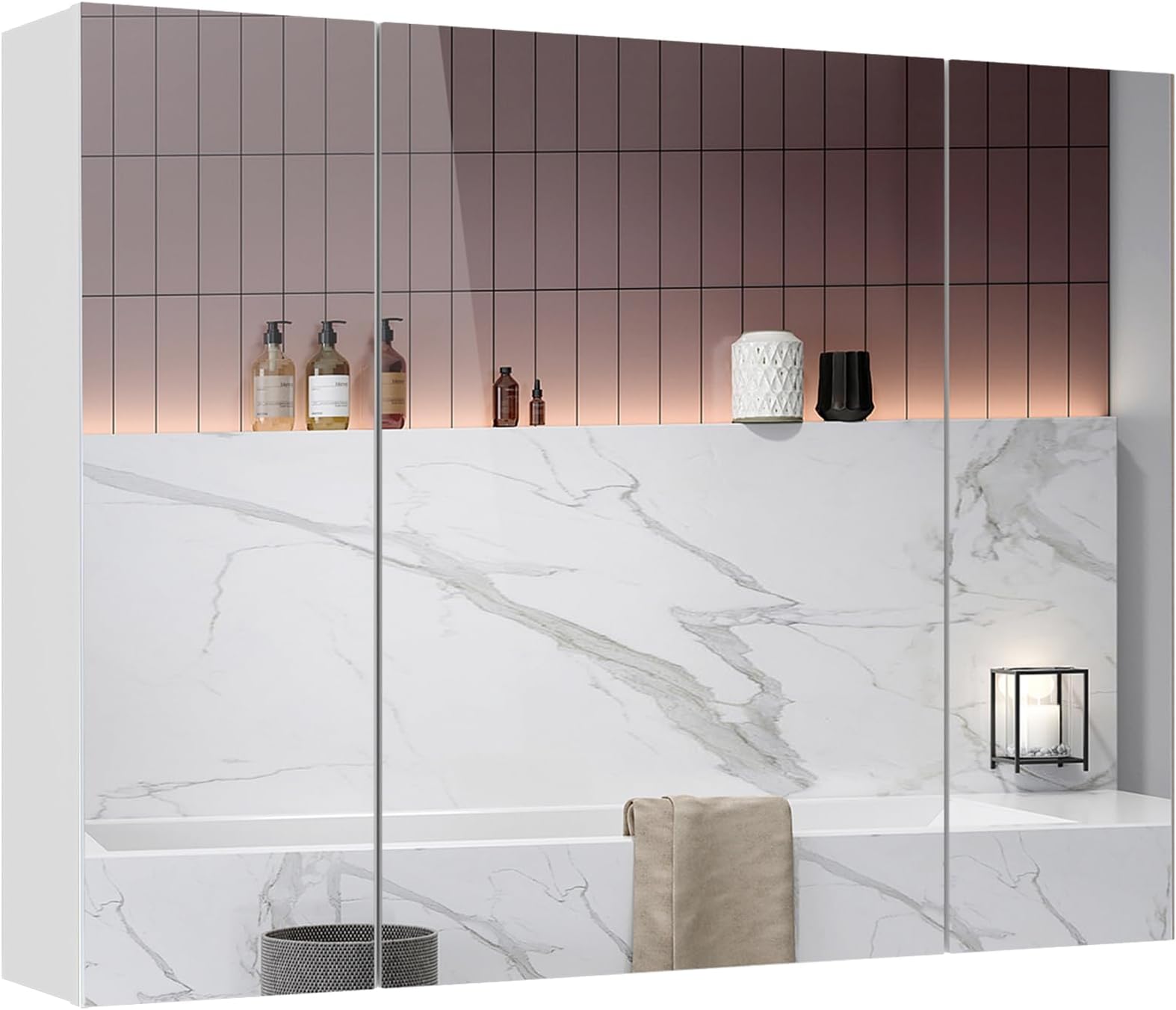 Armoire à pharmacie de salle de bain avec miroir et 3 portes, 80 x 60 cm, armoire murale de