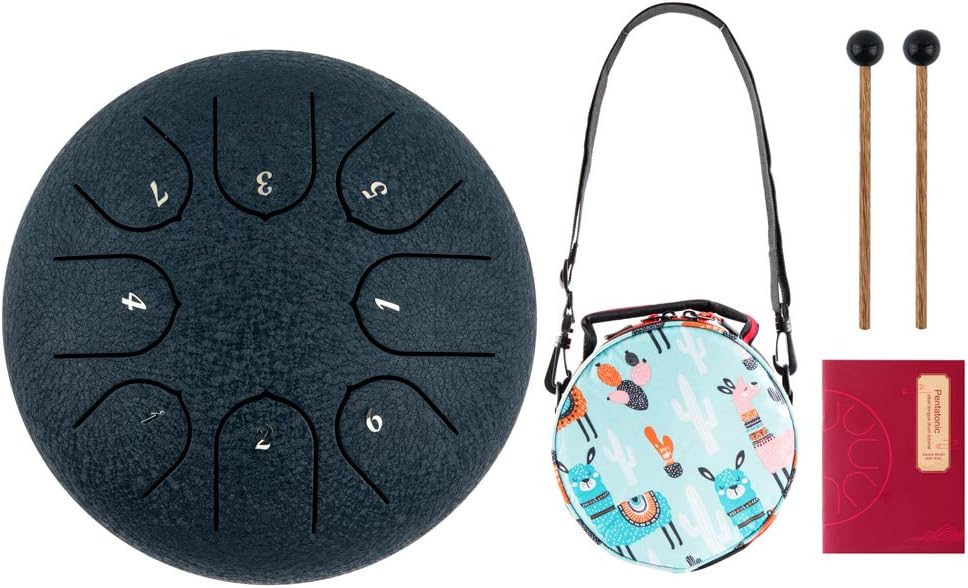 Steel Tongue Drum Musical Instrument, 6 Inch 8 Notes Steel Drums Set C Major Hand Pan Meditation Drum Instruments with Music Book, Bag, Mallets for Adults Kids Beginners - Black