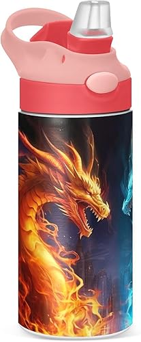 Miniatura 1 de GOODOLD Fire and Ice Dragon - Botella de agua para niños, botellas de agua de acero inoxidable aisladas con tapa con pajilla, 12 onzas, sin BPA, a