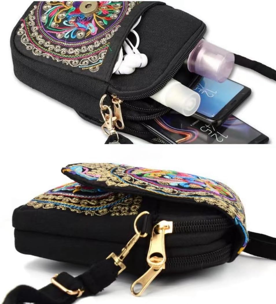 Embroidered Crossbody Bag Boho Ethnic Shoulder Bag Vintage Handmade Women Cellphone Pouch Small Handbag Coin Purse