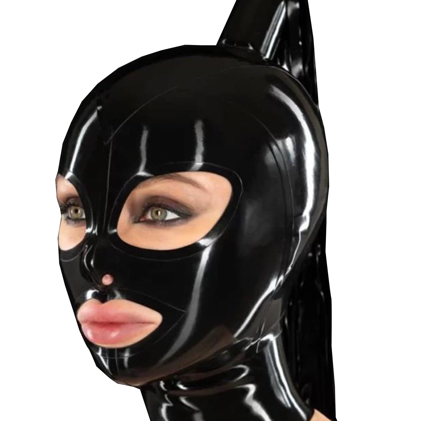 DSPENGS Latex Hood Halloween Full Face Mask with Wig Black Handmade for Cosplay BDSM Headdress Open Eyes Mouth(Size:M-65CM)